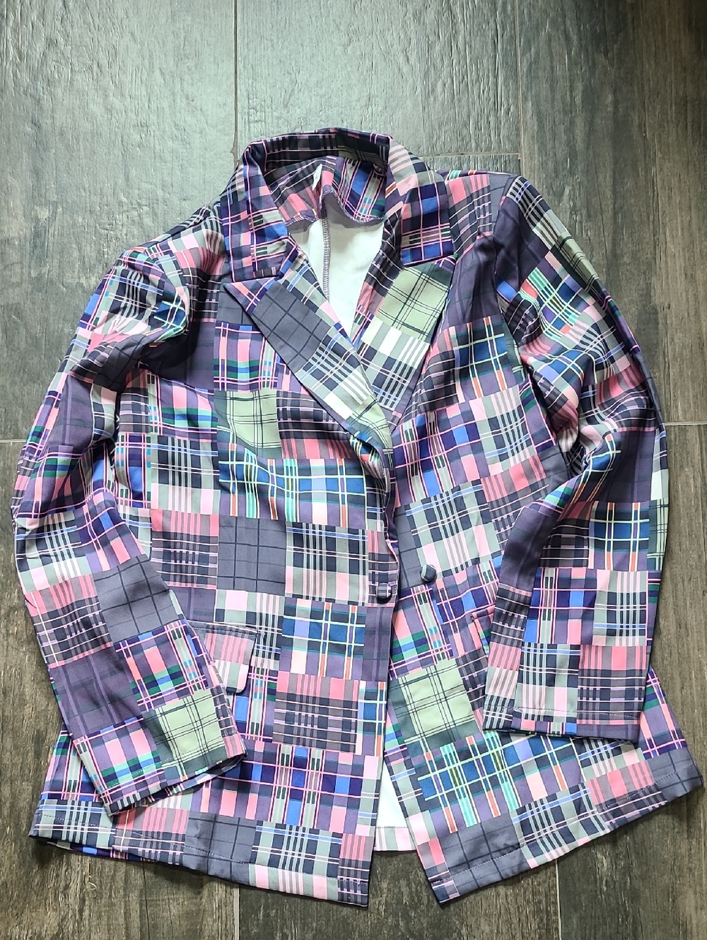 Women's Plaid Single-Breasted Blazer Jacket - Pink & Blue